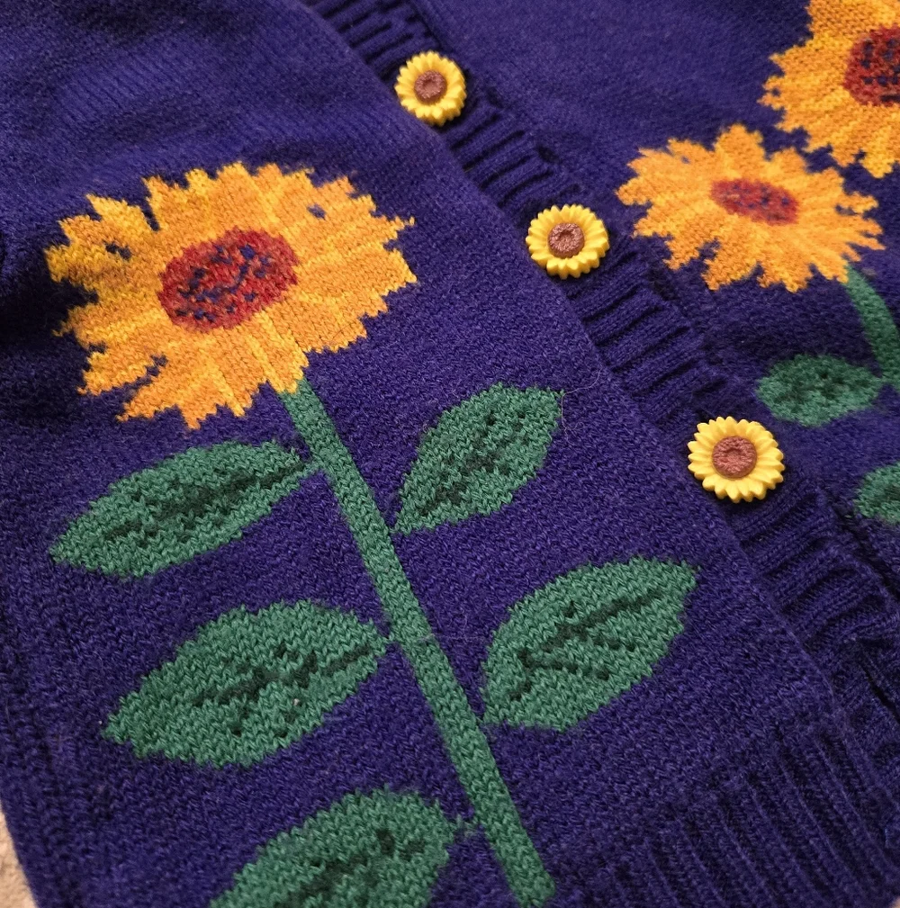 Vintage 1990s Blue Sunflower Knit Cardigan Sweater
